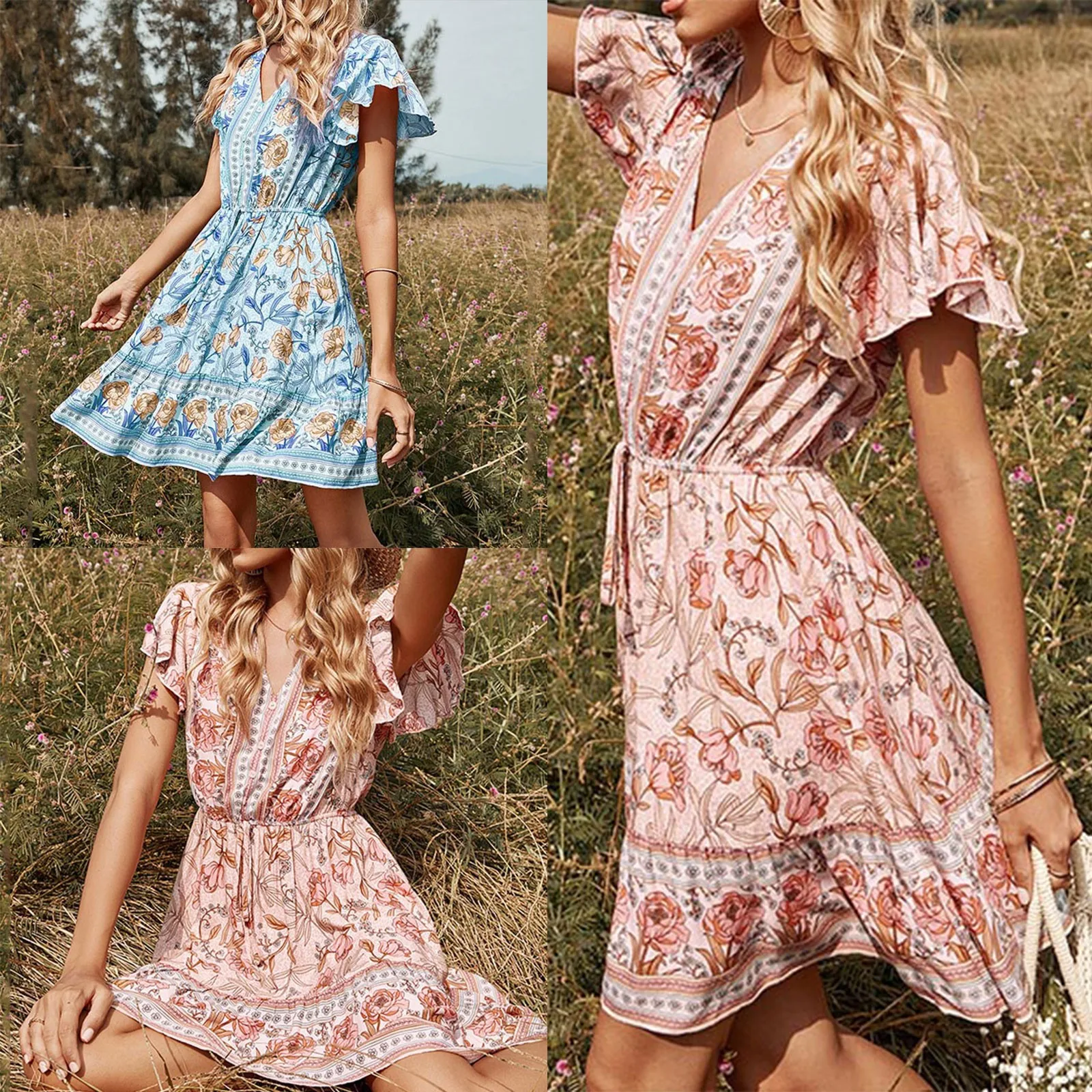 

Женское весенне-летнее платье с V-образным вырезом и коротким рукавом