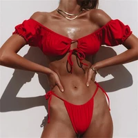 womens swimsuit red beachwear bikini two piece suit hot new breathable quick drying sexy one shoulder lace up swimsuit split