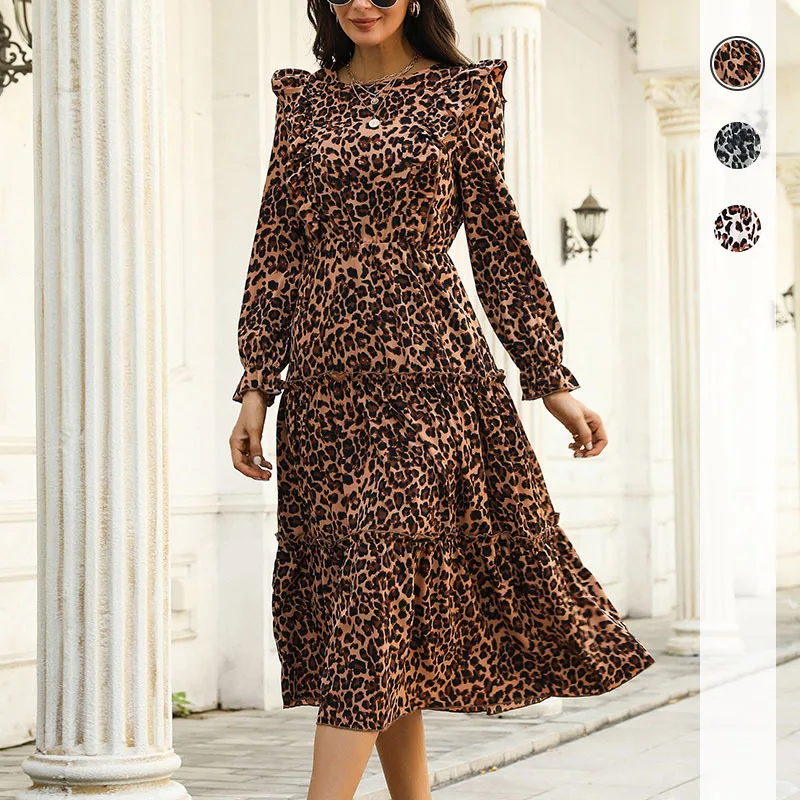 

VOLALO Vintage Women Clothing Autumn Winter Leopard Print Ruffle Hem Long Sleeve Midi Dress Vestido Feminino Dresses For Women