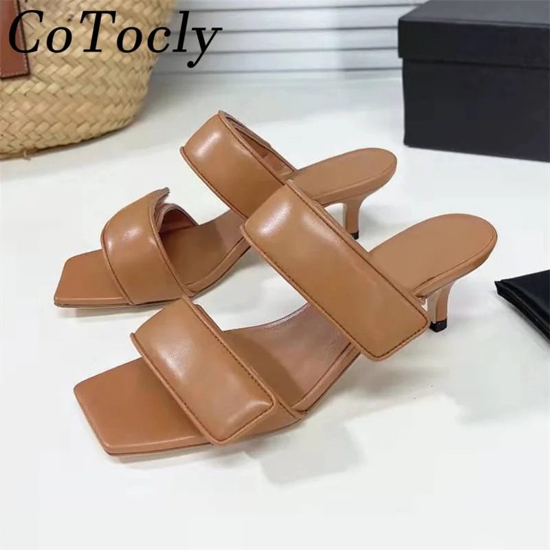 

Summer Kitten Heels Slippers Women Peep Toe Genuine Leather Mules Runway Shoes Woman Middle Heel Sandals Women Slides