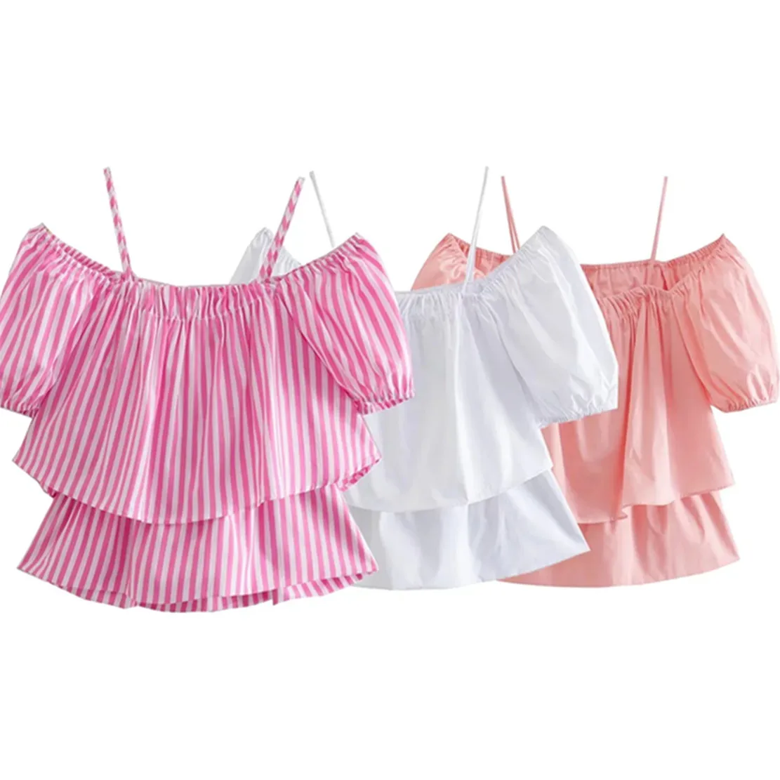 

Женская блузка в полоску с открытыми плечами и оборками, в английском стиле