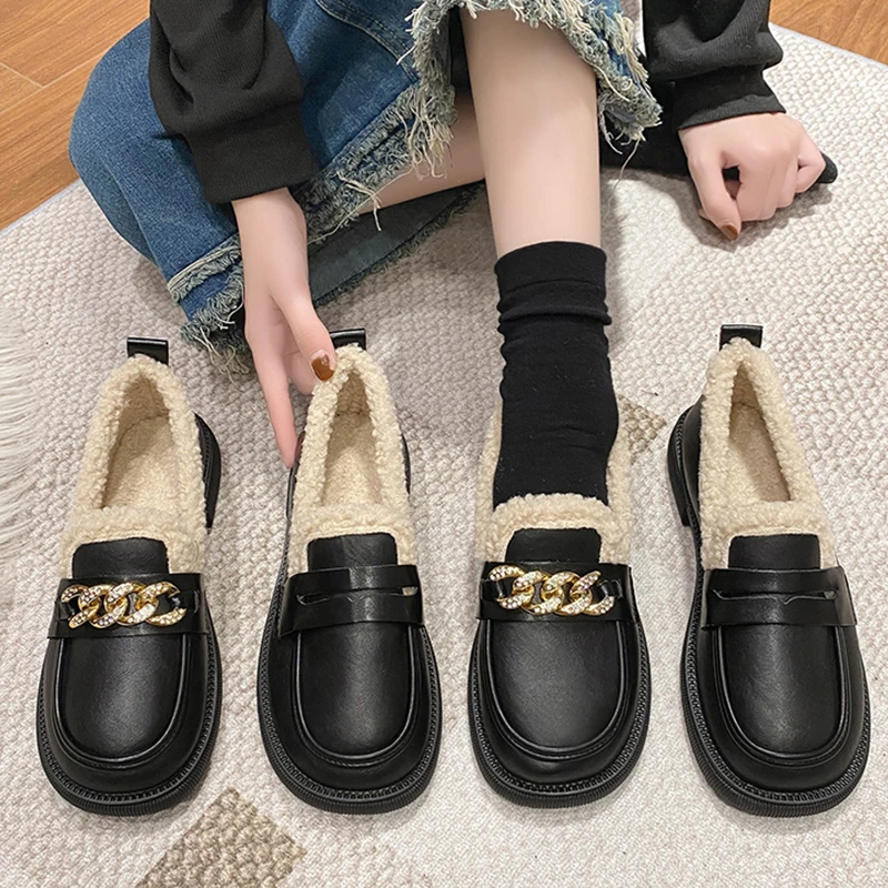 

Shoes On Heels Oxfords Women's Round Toe British Style Clogs Platform Loafers Fur Casual Female Sneakers Modis Winter Leather Pr