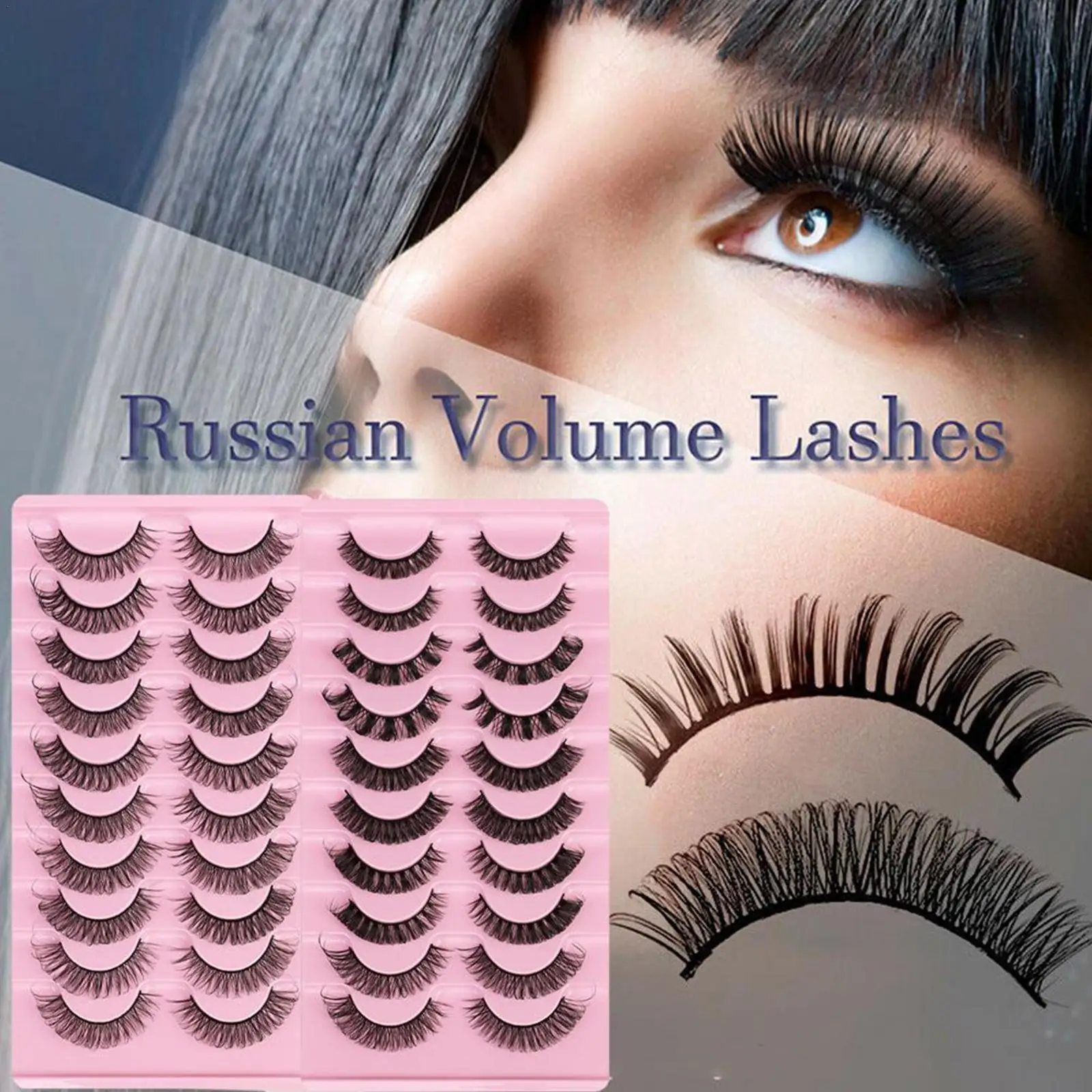 

10Pairs Eye Lashes Russian Style Strip Lashes D Curl False Lashes Mink Curled Reusable Full Eyelashes Fluffy Eye A3U8