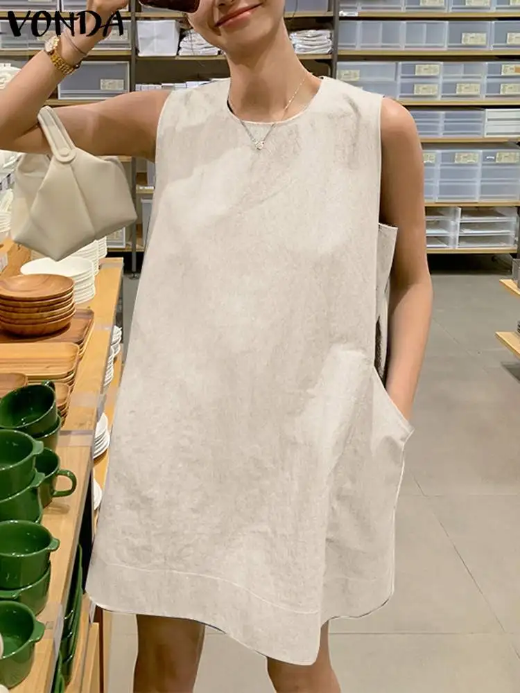 

Женский Мини Сарафан VONDA, летнее платье 2023, модный сексуальный Однотонный сарафан без рукавов, винтажное пляжное платье для женщин