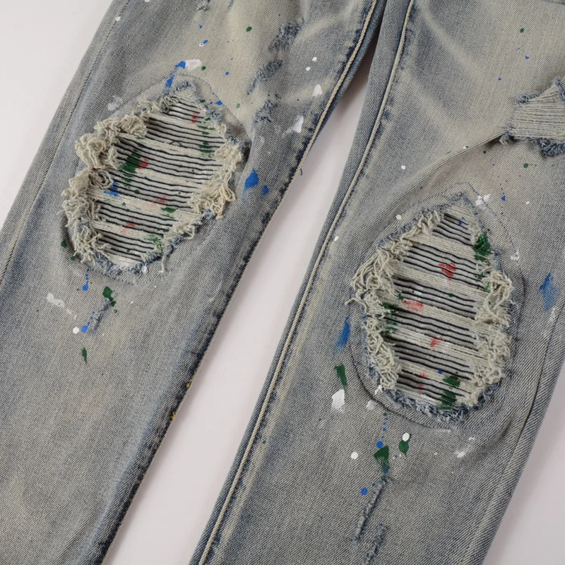 Street Fashion Men Jeans Retro Light Blue Elastic Slim Fit Painted Ripped Jeans Men Patched Designer Hip Hop Brand Pants Hombre