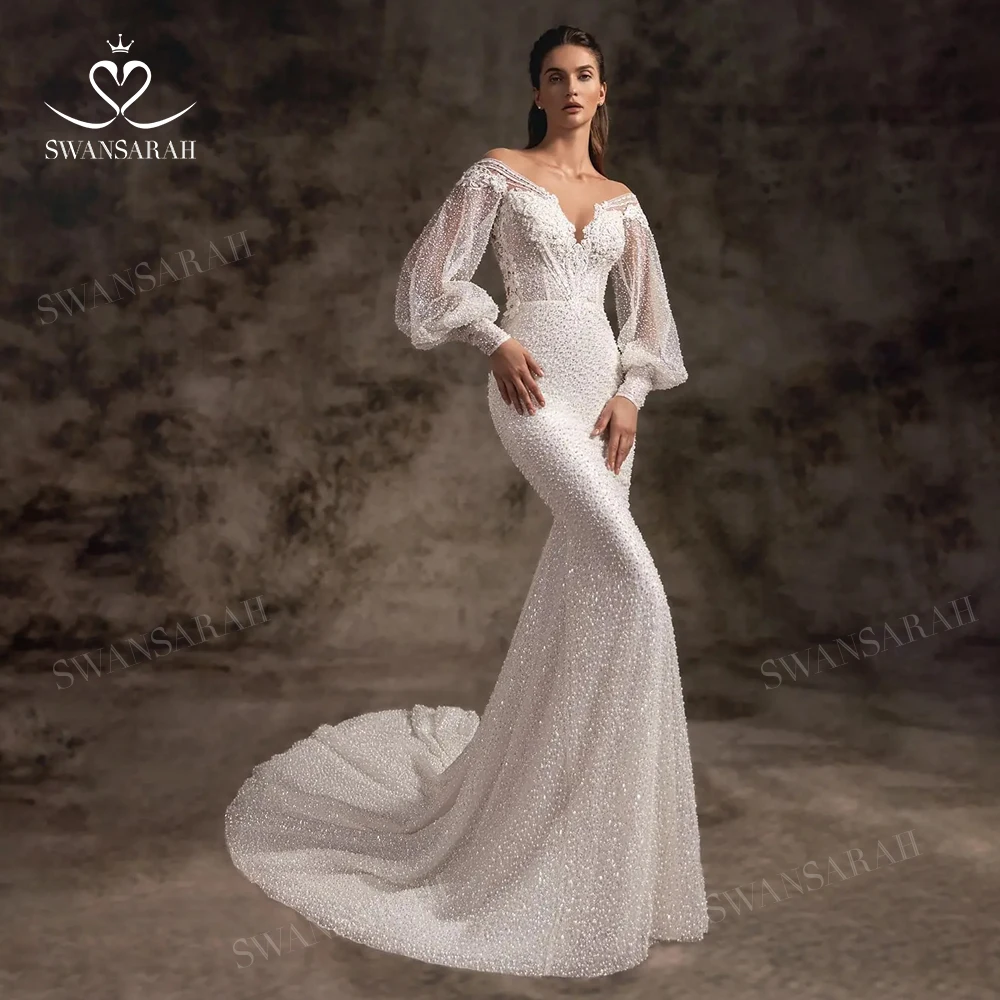 

Long Sleeve Wedding Dress 2023 Sweetheart Mermaid Court Train Princess Bride Gown SwanSarah W241 Plus Size Vestido De Novia