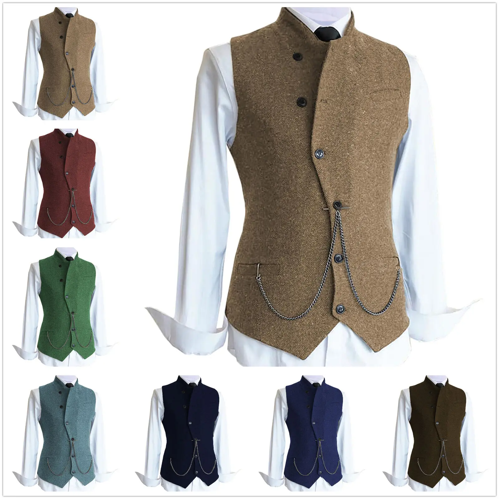 

Men's Stand Collar Vest Casual Slim Fit Wool/Tweed Vest Business Herringbone Suit Vest Groomsman Jacket Wedding Party