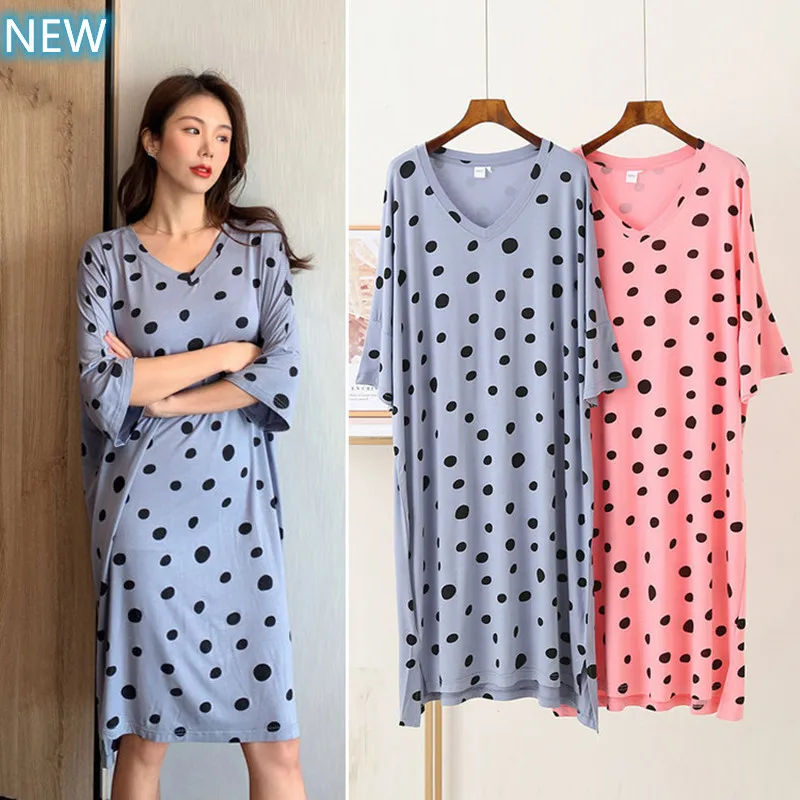 

Nightdress Mom Short Sleeve Cotton Homewear Women Cartoon Print Sexy Dot Round Collar Sleepwear Big Size Fashion Casual Home Pjs