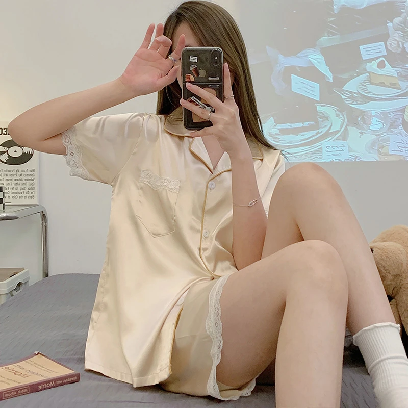 CAIYIER M-5XL 2023 Summer Pajamas Silk Nightwear Short Sleeve Top With Shorts Sleepwear Colorful Lace Underwear Female Homewear