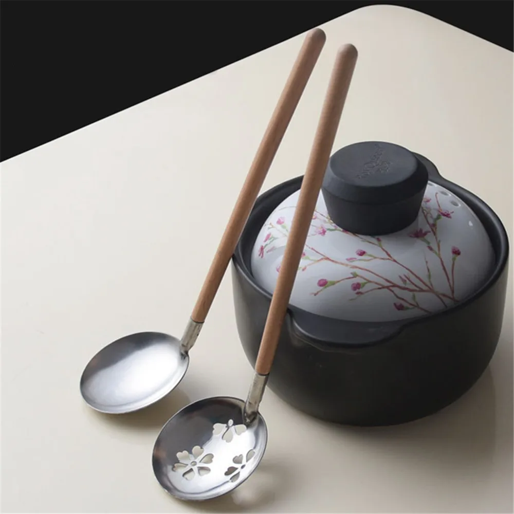 

304 Stainless Steel Solid Wood Handle Hot Pot Soup Spoon Flower Pattern Skimmer Skimming Spoon Strainer Porridge