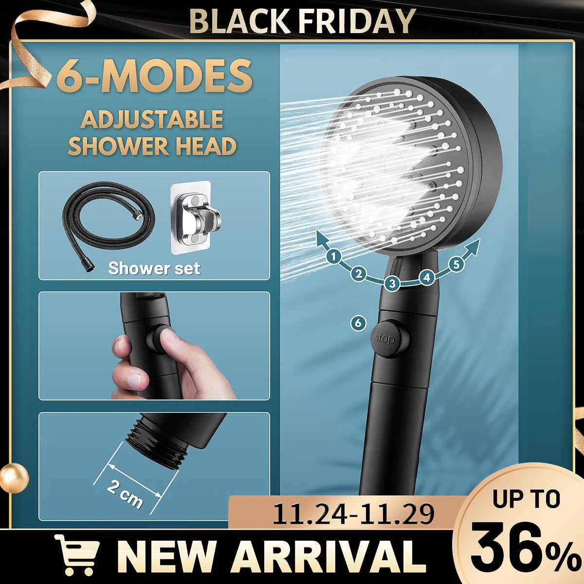 

BVSOIVIA Shower Head Water Saving Black 6 Mode Adjustable High Pressure Shower One-key Stop Water Massage Bathroom Accessories