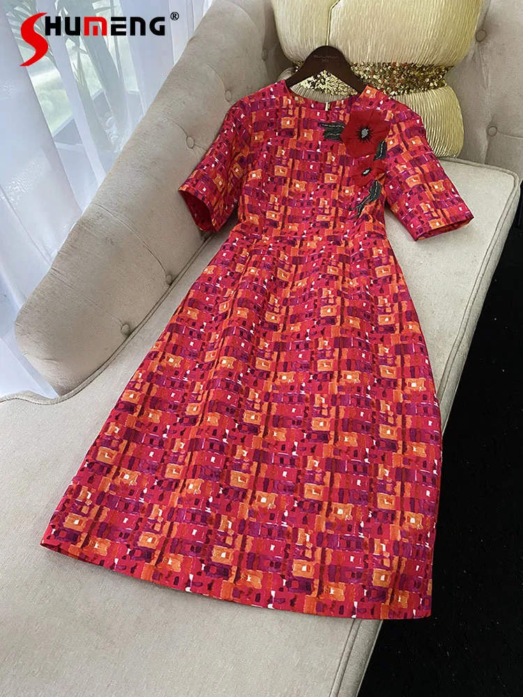 

2022 Spring New Ladies French Style Elegant Fashion Dress Women's 3D Flower Beaded Rose Red Slimming Short Sleeved Midi Dress