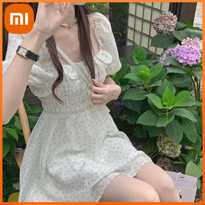 

Xiaomi Puff Sleeve Elegant Mini Dresses Women Casual Bandage Korean Style French Vintage Floral Dresses Females Sweet Summer