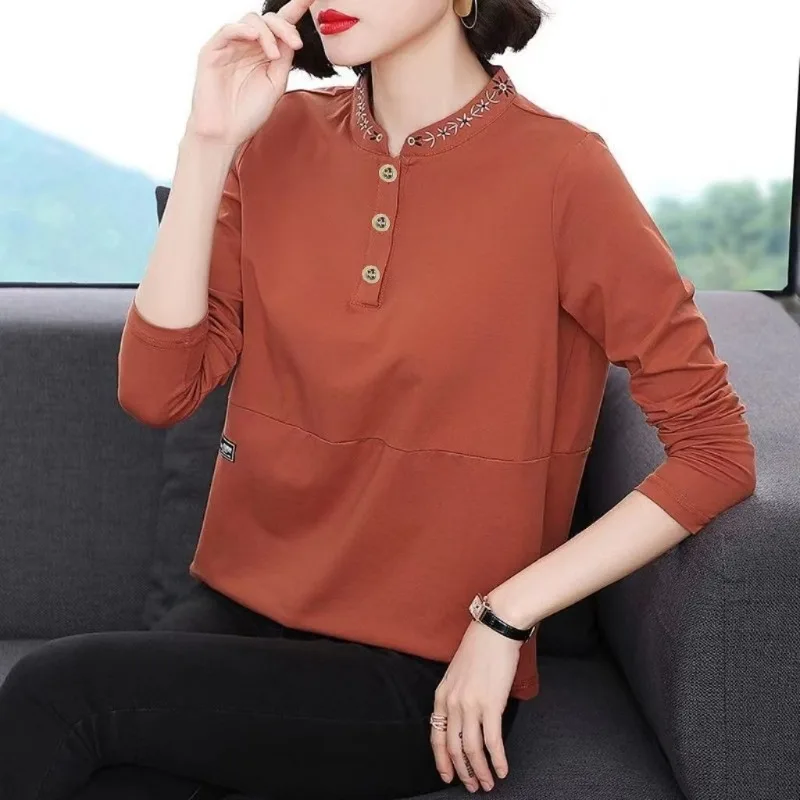 

2023 Summer New Women's Clothing Long Sleeve T-shirt Women's Round Neck Embroidered Fashion Versatile Bottom Tees Vintage Tops