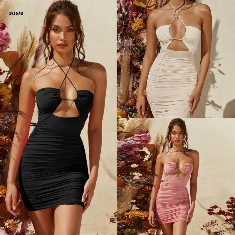 Women Halter Sleeveless Hollow Out Party Club Bodycon Mini Dress Summer Dress