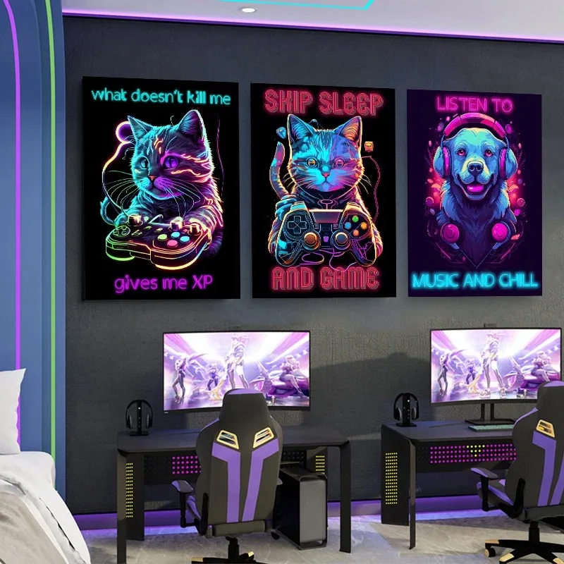 Современный стиль неоновый постер Playboy игры животные на холсте без рамы