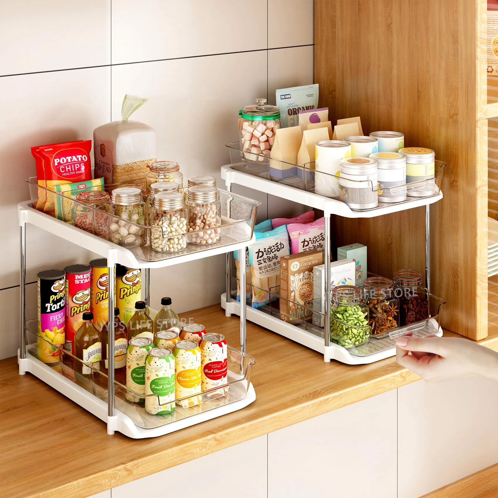 2-уровневая Кухонная Полка Для Специй Акриловая Хранения С Держателем Бутылок И