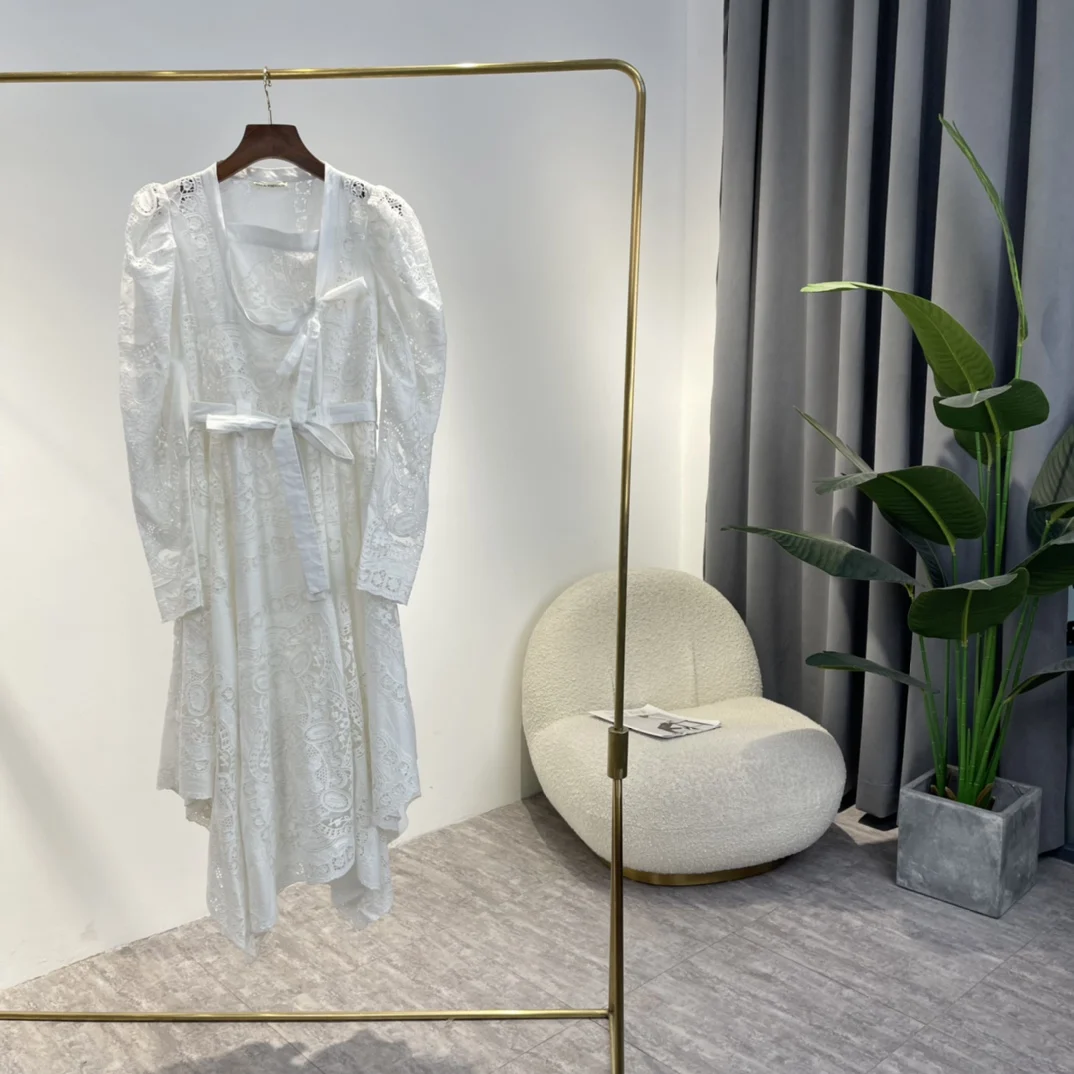 

2022 Lady Elegant Fashion Spring Top Quality Cotton Hollow Out Embroidery Mid-calf Asymmetrical White Black Self-Tie Wrap Dress