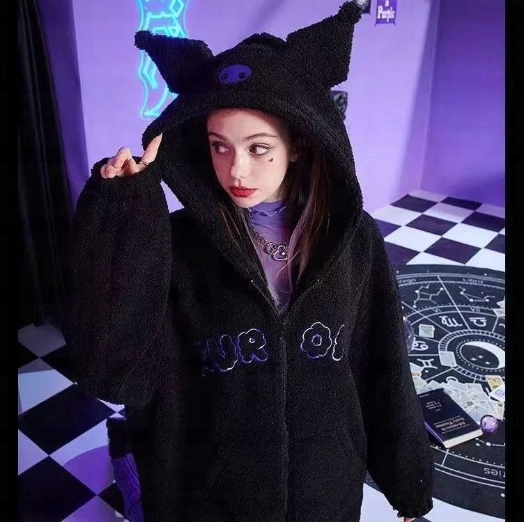 

Свитер с капюшоном Sanrio Kuromi, милый плюшевый мультяшный свободный стильный кашемировый топ в стиле преппи для мужчин и женщин