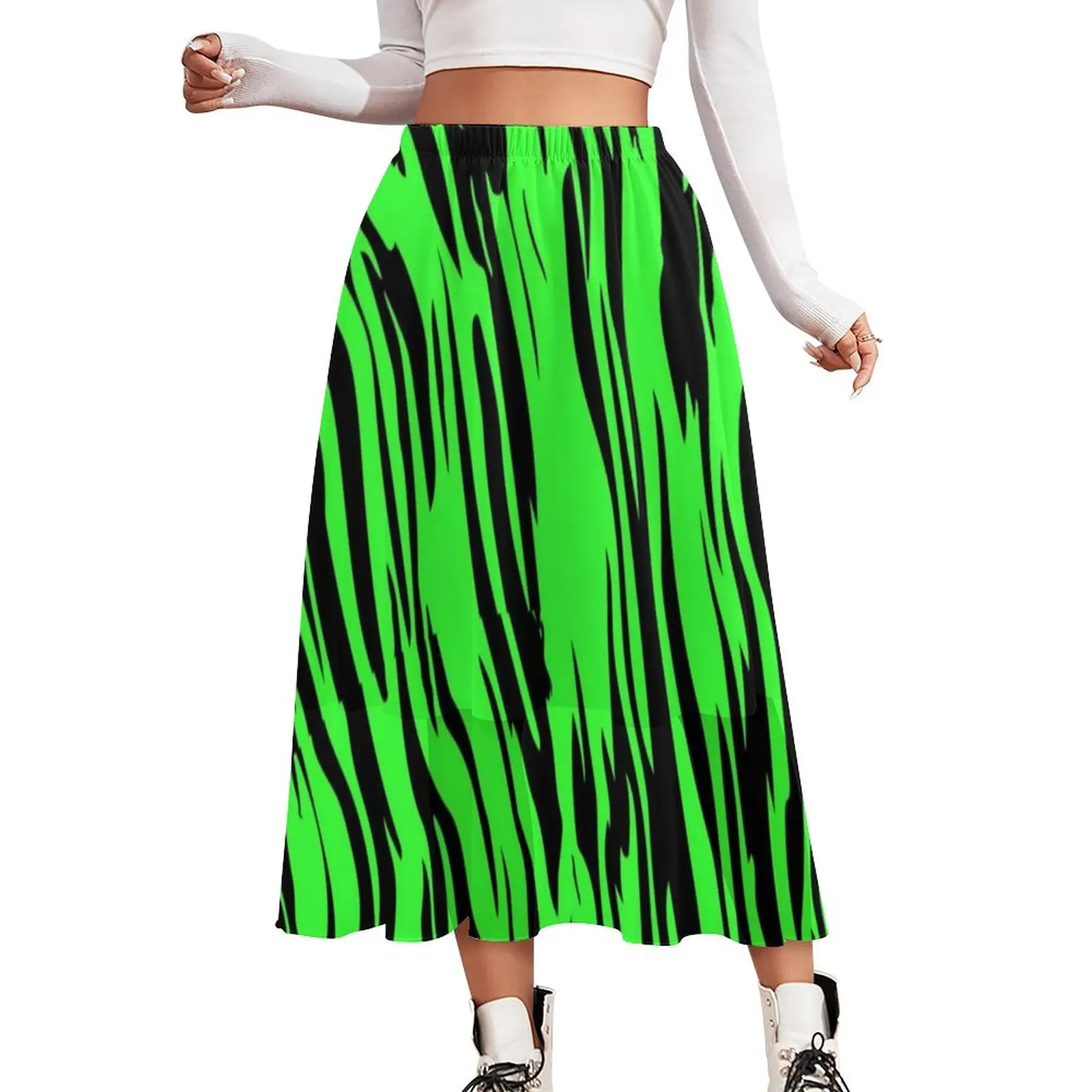 

Green Tiger Print Skirt Retro Animal Trendy Boho Skirts Summer Y2K Elastic Waist Chiffon Pattern Big Size A-line Skirt