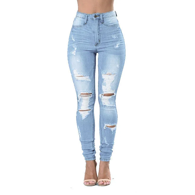 

Hot sale Summer Sexy High Waist Ripped Stretch Jeans female Fashion Blue Skinny Denim Jeans Women Street casual pencil pants