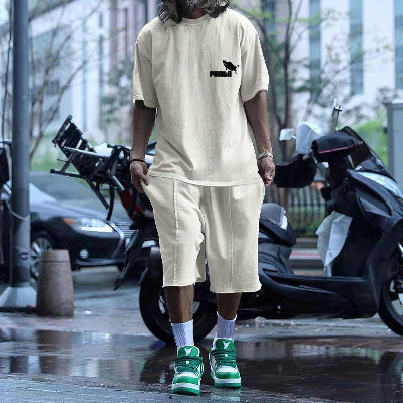 Summer Hot Sale Solid Color men's Street Trendy men's Casual Two-Piece Short-Sleeved T-shirt + Loose Shorts