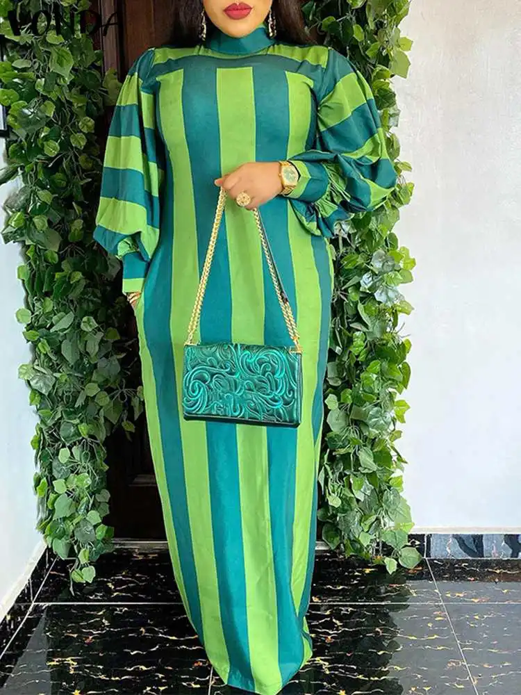 VONDA Plus Size Women Party Dress 2023 Bohemian Long Puff Sleeve Vestidos Casual Loose Maxi Sundress Bohemian Striped Robe