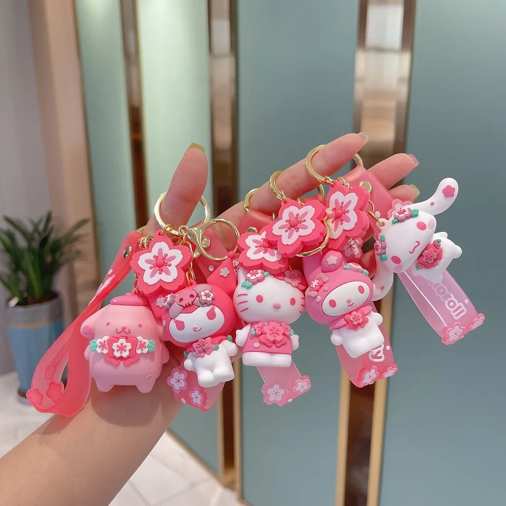 

Kawai Cherry Blossom Series Cinnamorol Hello Kitty Kuromi Keychain Pendant Sanrio Melody for Girl Bag Key Ring Accessories Gift
