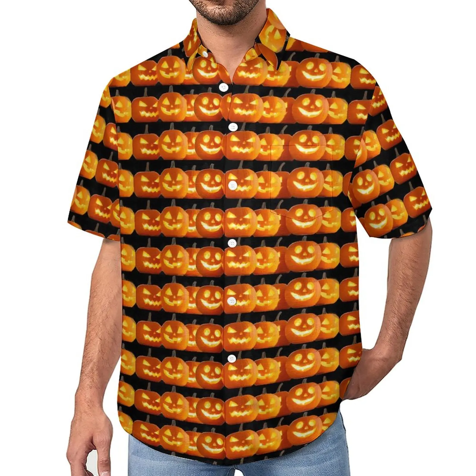

Pumpkin Print Vacation Shirt Happy Halloween Hawaiian Casual Shirts Man Vintage Blouses Short-Sleeve Graphic Clothes Plus Size