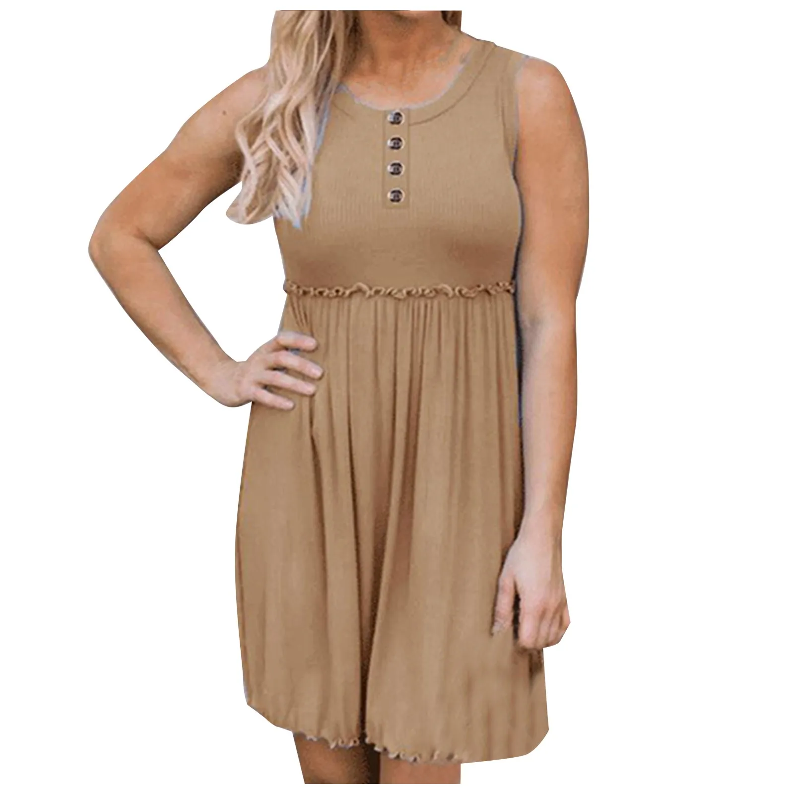 

Женское однотонное платье без рукавов, с круглым вырезом и пуговицами, одежда для отпуска, лето 2022