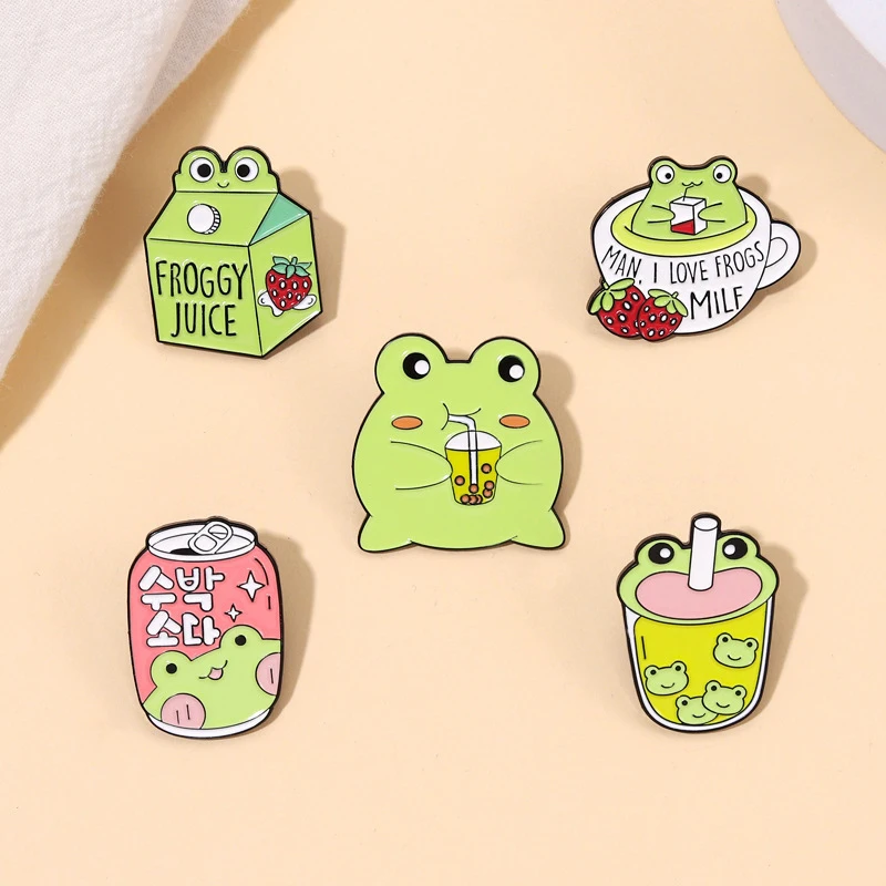 

Cute Froggy Enamel Pins Custom Cute Frog Coffee Mug Milk Juice Can Brooches Lapel Badges Animal Jewelry Gift For Kids Friends