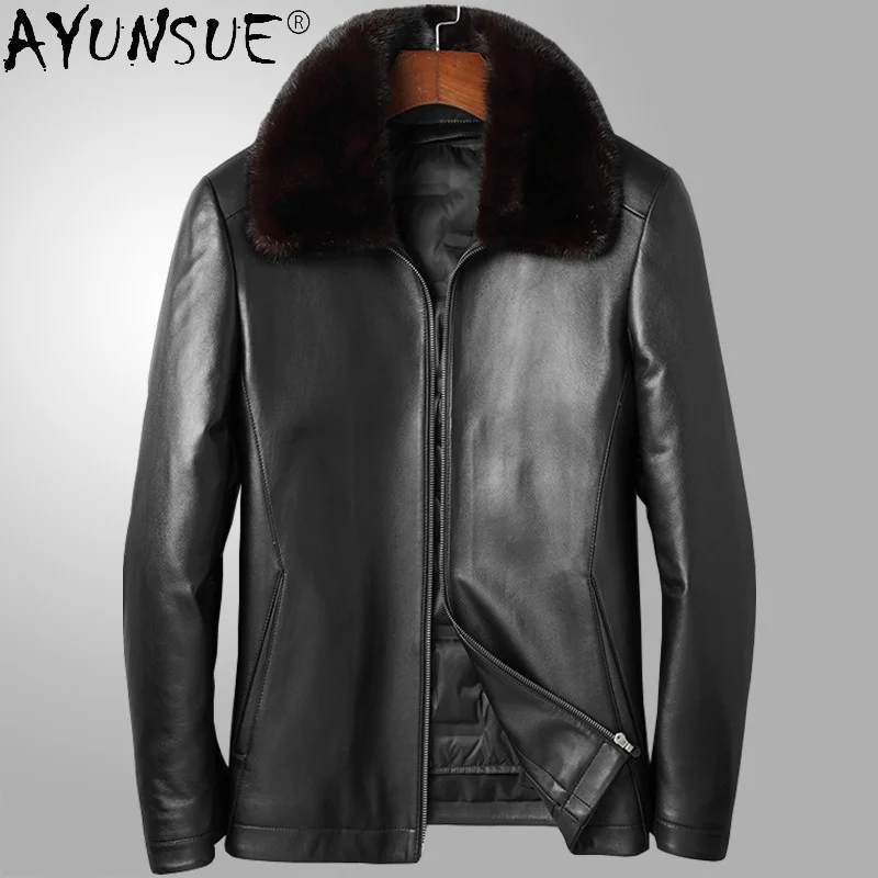 

Куртка мужская из натуральной овечьей кожи, пуховик с воротником из меха норки, плотная одежда, LXR924