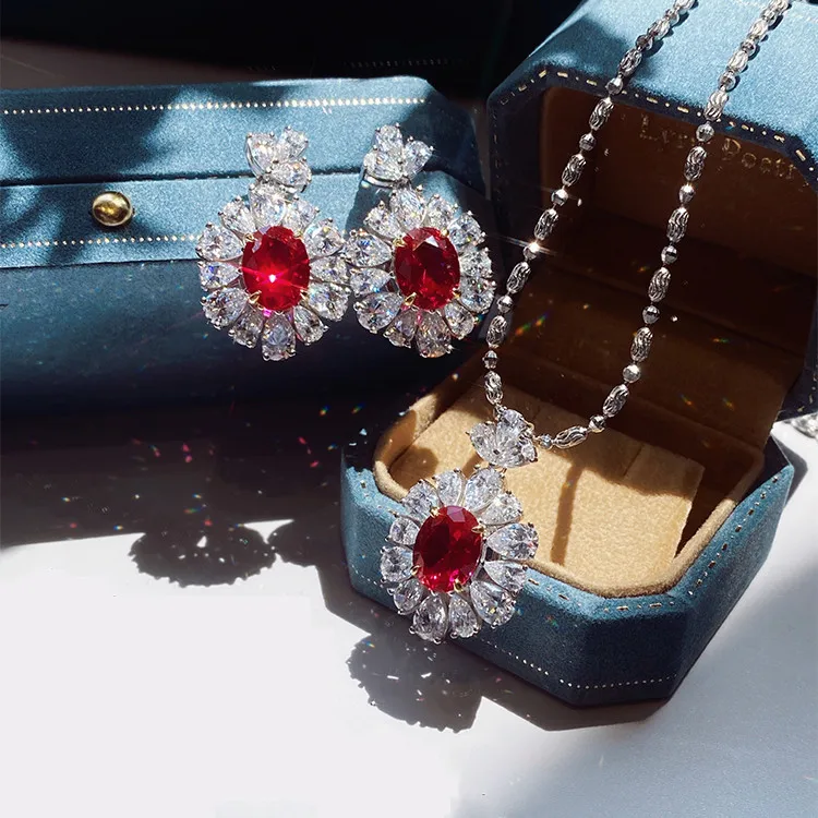 

S925 Silver Dainty Flower zircon Jewelry Set for Ladies Ruby Red Tourmaline Ring Necklace Earrings for Women Gift Free Shipping