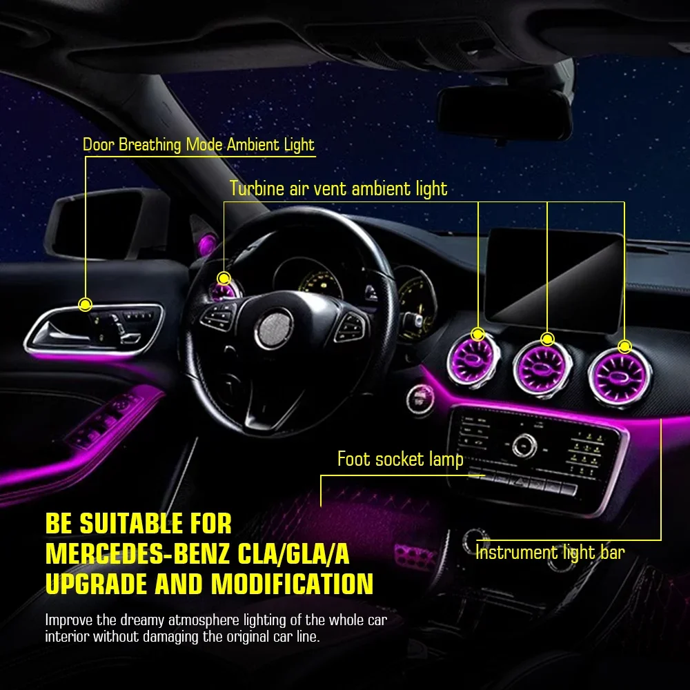Фото Новые обвесы, светодиодные 12/64 цветов, окружающее освещение для Mercedes-Benz A/CLA W176/CLA W117/GLA W156, светодиодные автомобильные вентиляционные отверстия, турбинная насадка №4