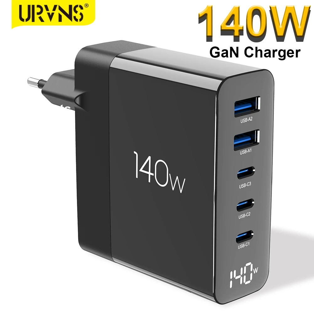 Сетевое зарядное устройство URVNS GaN 140 Вт USB C со светодиодным дисплеем, 5 портов PD 100 Вт PPS 45 Вт QC4 + адаптер для быстрой зарядки для MacBook, iPhone, Galaxy