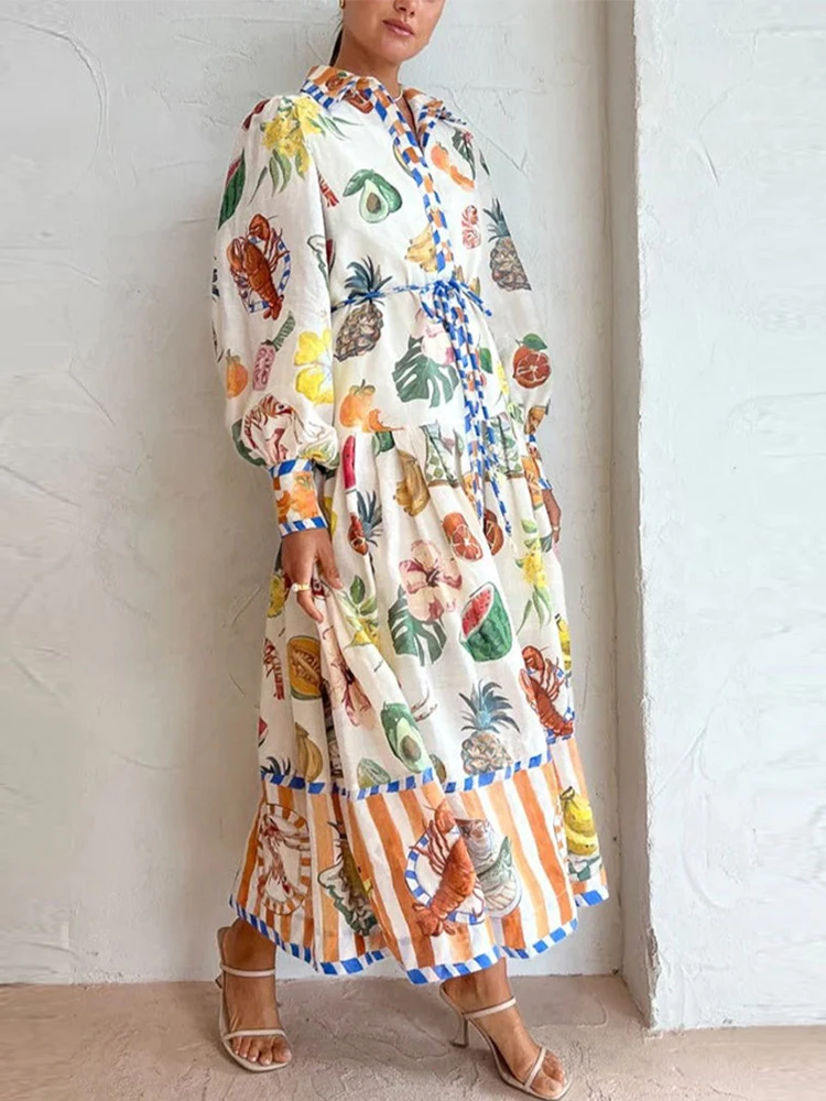 

Graffiti Print Lace Up Waist Dress Elegant Long Sleeve Party Dress Women 2023 Autumn Turn Down Collar Buttons-up Long Dress