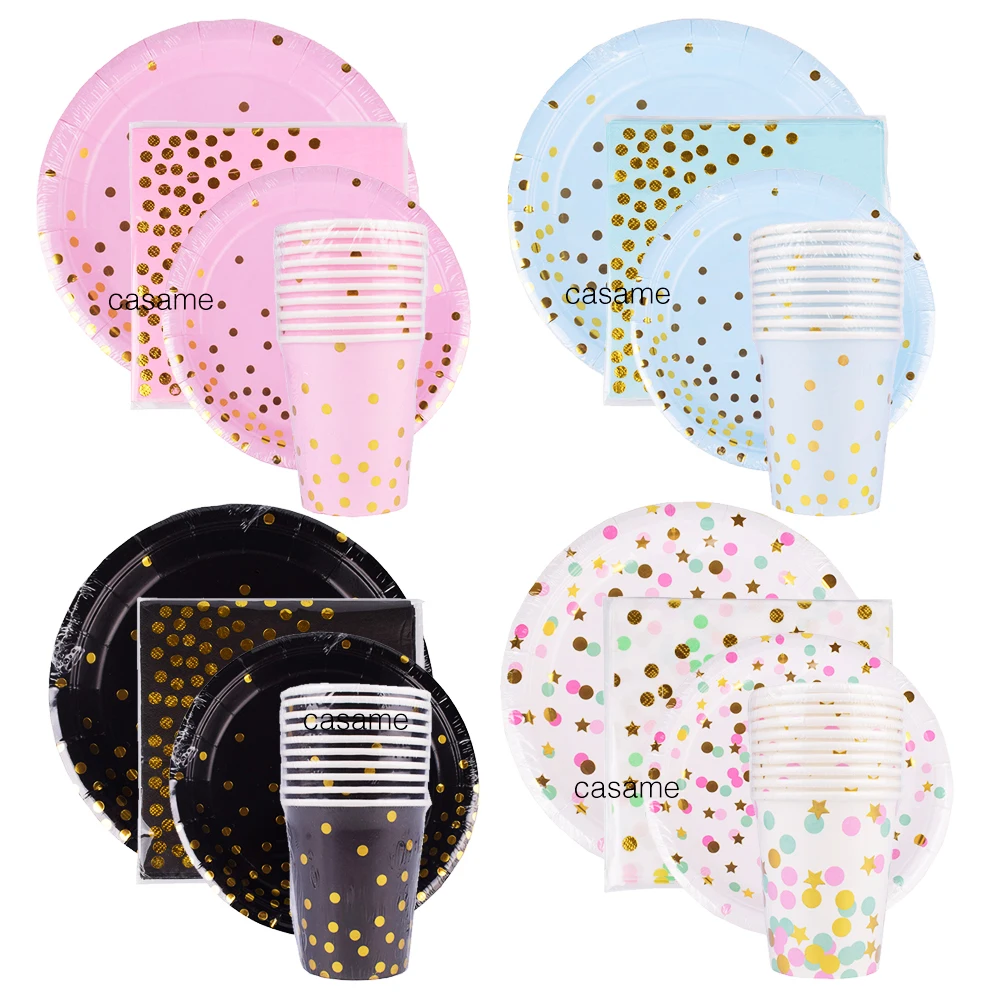 

10 pcs Disposable Tableware Set Disposable Paper Tray Straw Cup Gold Pink Stripes Wedding Birthday Party Supplies