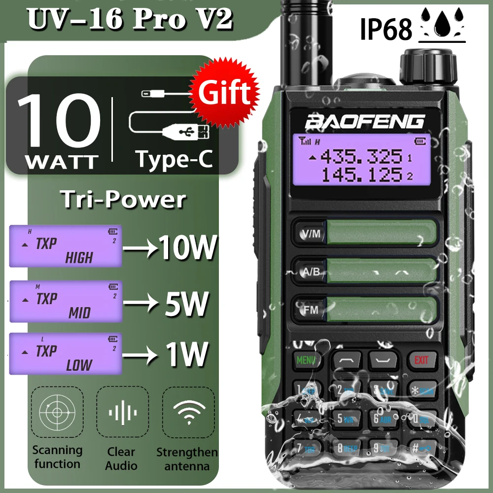 Baofeng-walkie-talkie UV-16 PRO V2 profesional, Radio Ham de banda Dual de largo alcance, resistente al agua IP68, 10W, actualizado de UV-5R, 2022