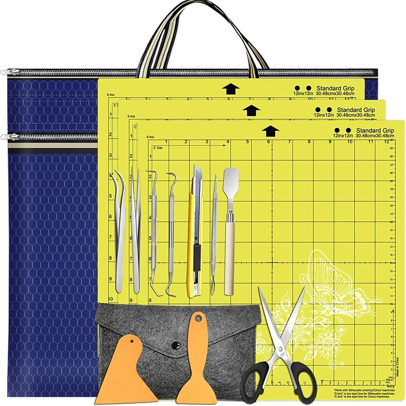 

11Pcs Cricut Silhouette Craft Vinyl Weeding Tool Set Dried Flower Basic Handmade with Cutting Mat Pad Scrapbooking Organizer Bag