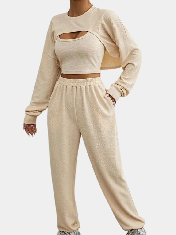 

CHRLEISURE 3PCS Yoga Suit Workout Tank Top Running Sweatpant Drop Shoulder Sports Pullover Women Jogger Outfit Activewear