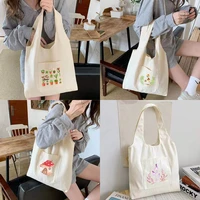 2022 womens canvas shoulder bag student tote bag fashion mushroom print handbag korean version large capacity shopping vest bag
