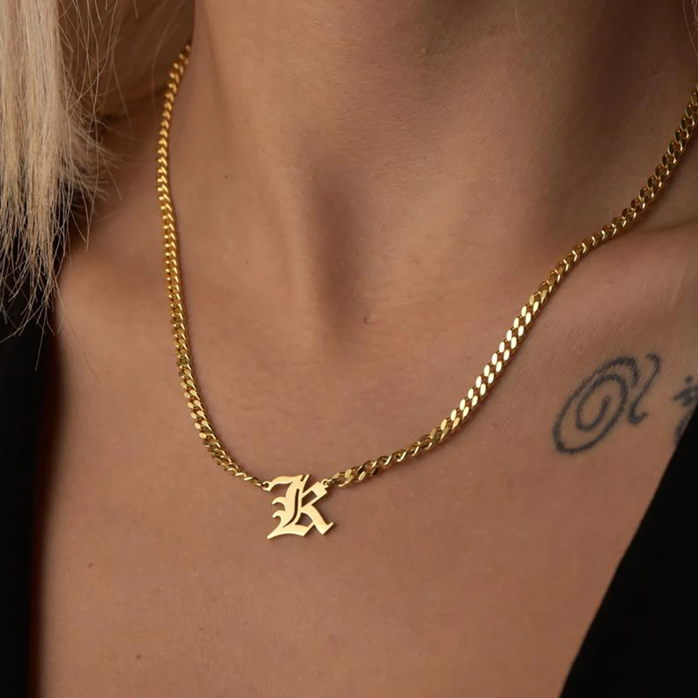 

Custom Old English Necklace Vintage Stainless Steel Old English Font Gold Cuban Chain A-Z Initial Letter Pendant for Women Men