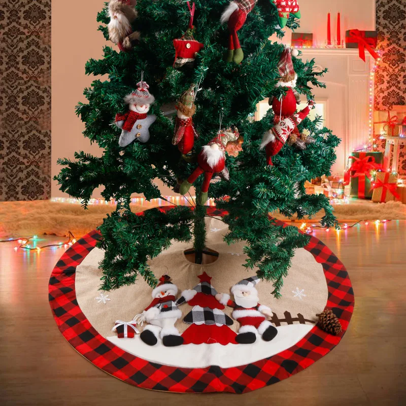 120cm Christmas Decoration Christmas Tree Apron Santa Snowman Red And Black Plaid Christmas Tree Skirt Holiday Decorations