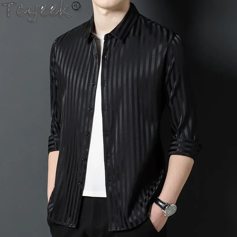 

Рубашка Tcyeek мужская с длинным рукавом, повседневная одежда из натурального шелка, одежда 92.4%