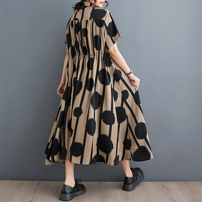 # 3852 Длинное платье-рубашка с принтом в горошек женское платье трапециевидной