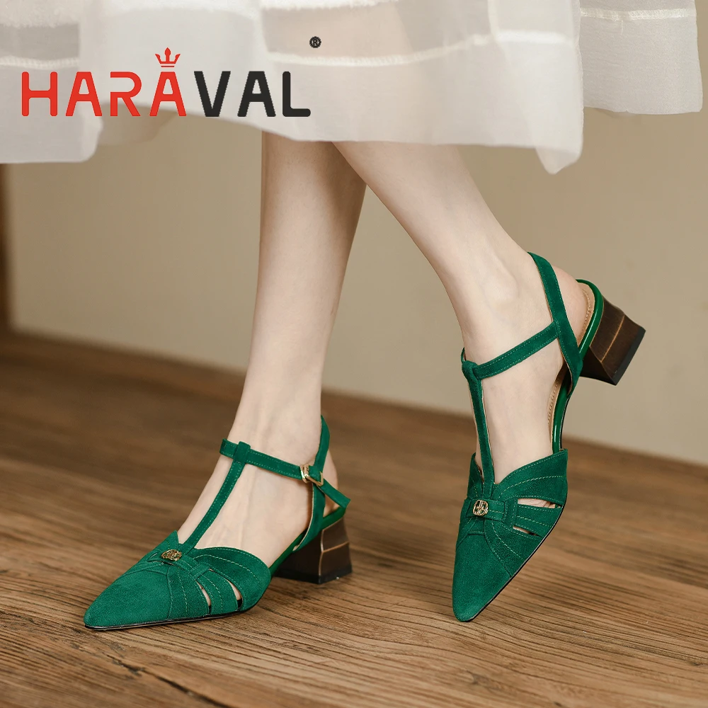 

HARAVAL Elegant Fshion Lady Summer Pumps Thick Mid Heels 4.5cm Suede Leather Pointed Toe Green Black T Strp Buckle Footwear A342