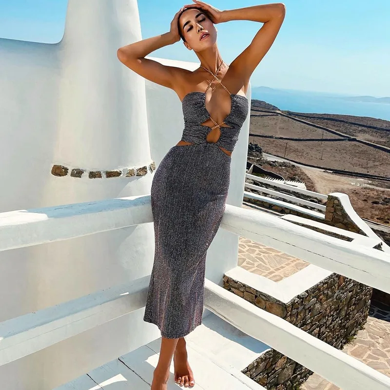 European And American Style Sexy Spice Girl Cutout Skirt A-Line Dress Backless Neck Hanging Sequins Party Dress