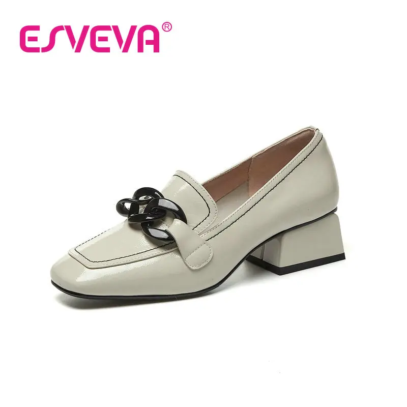 

ESVEVA 2022 Cow Leather Loafers All Match Square Heels Pumps Vintage Style Classic Leisure Slip On Basic Women Shoes Size 34-42