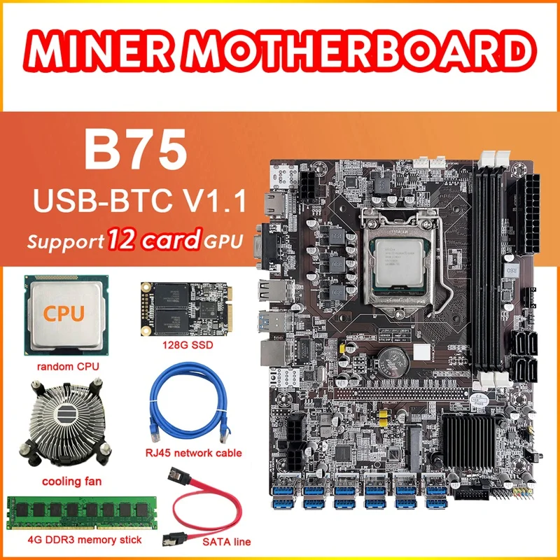 B75 12 Card BTC Mining Motherboard+CPU+Fan+4G DDR3 RAM+128G SSD+RJ45 Network Cable+SATA Cable 12XUSB3.0 LGA1155 MSATA