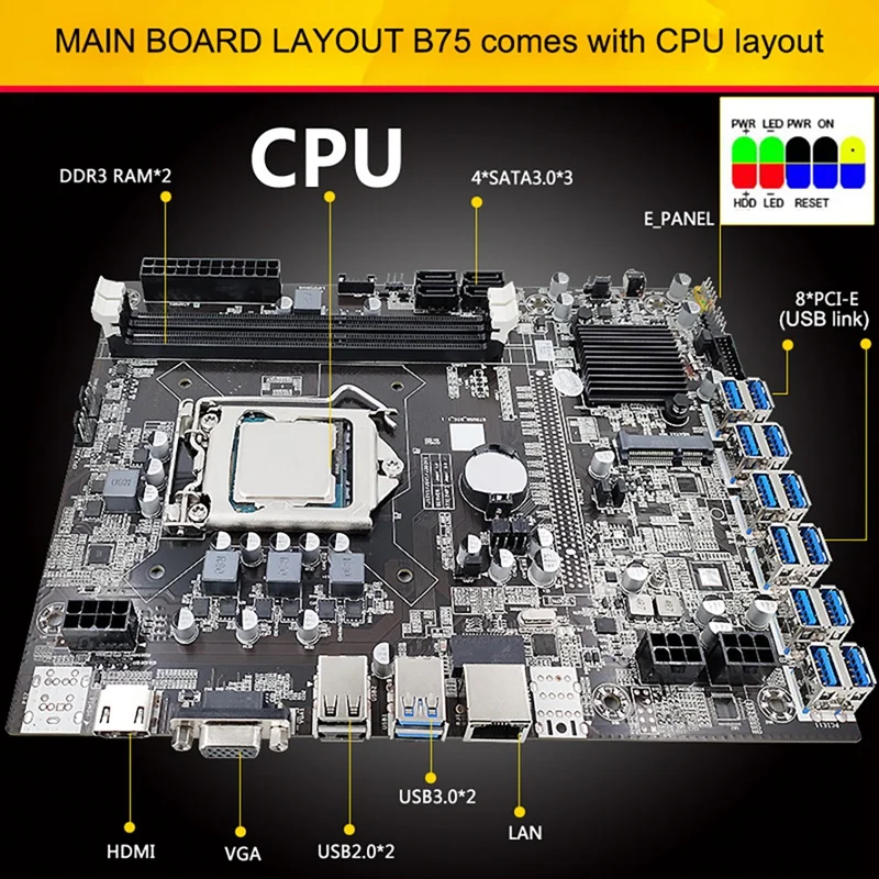 Материнская плата B75 BTC для майнинга 12 USB3.0 в разъем видеокарты PCIE1X LGA1155 DDR3 DIMM RAM SATA3.0